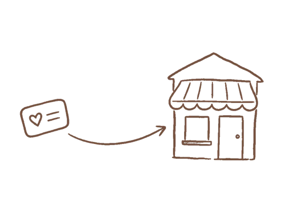 カードが矢印に乗って店の扉へ向かう様子