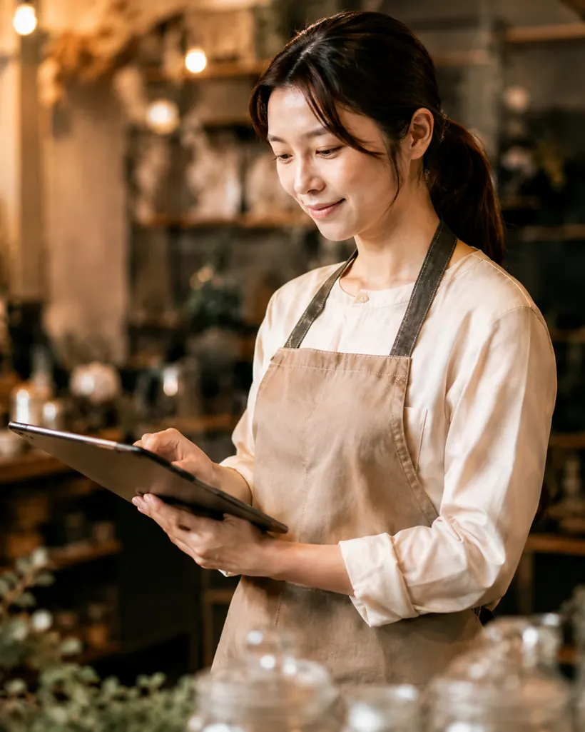 タブレットで予約を確認する店主